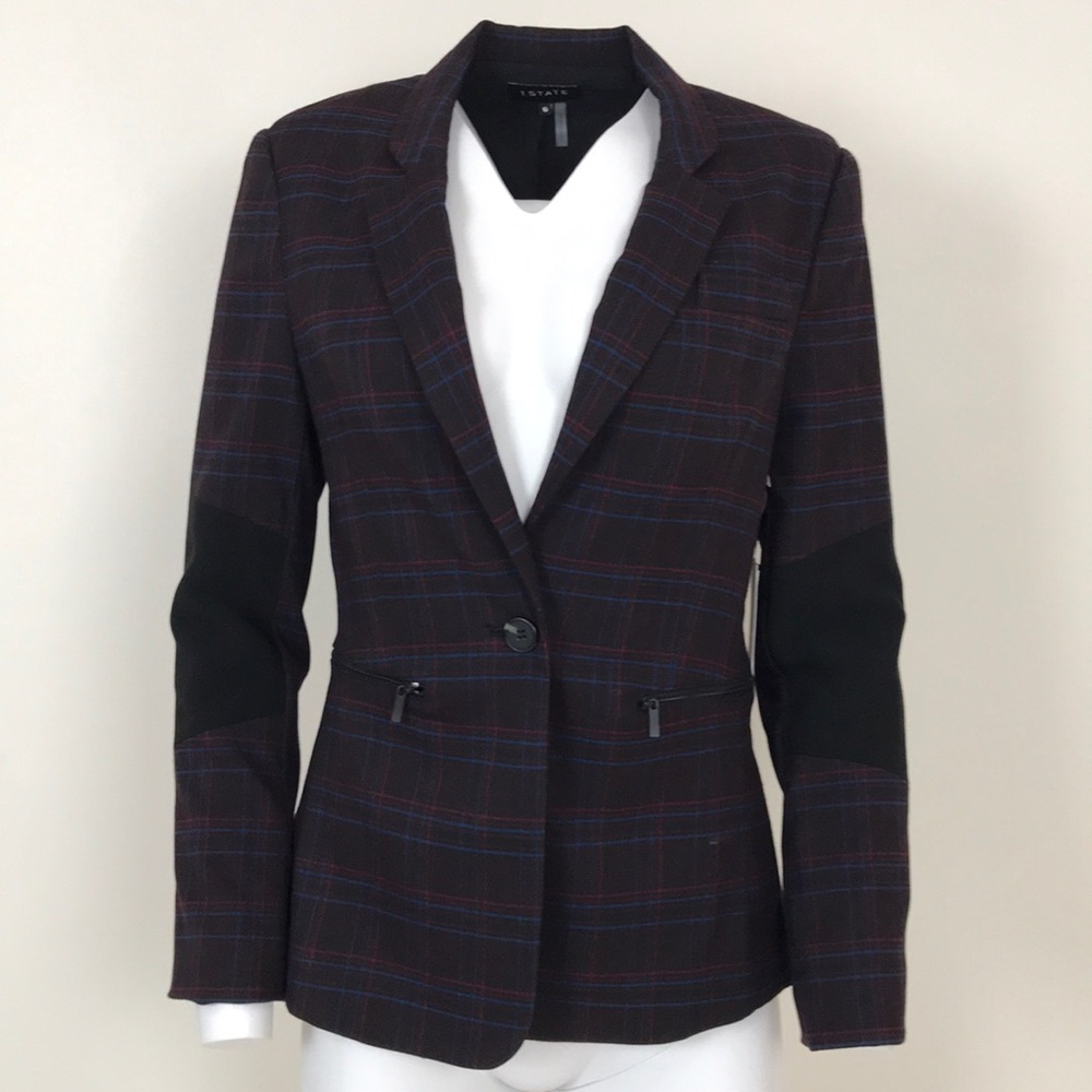 One Button Plaid Blazer with Zipper Pockets